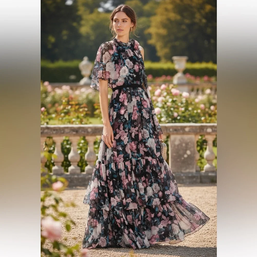 NWT ERDEM Natalina One-sleeve Silk-voile Floral Gown in Pink Dust Bouquet Sz 6 - Picture 5 of 17